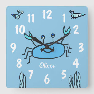 Horloge Carrée Cute Blue Crab Sea Animal Nom du garçon