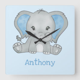 Horloge Carrée Cute Blue Elephant Name Baby Boy Nursery