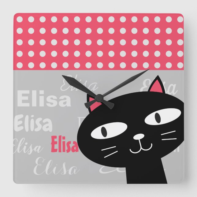 Horloge Carrée Cute Chat Noir Pois Rose Ajouter Votre Nom (Recto)