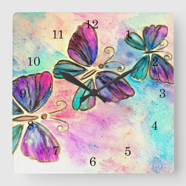 Horloge Carrée Cute Colorful Butterflies (Recto)