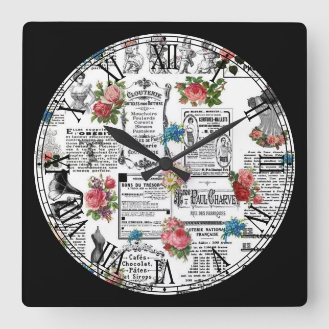 Horloge Carrée Cute French Newspaper Roman Numeral (Recto)