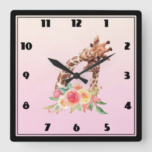 Horloge Carrée Cute Giraffe Aquarelle Maman & Bébé