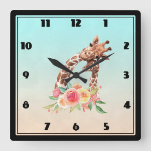 Horloge Carrée Cute Giraffe Aquarelle Maman & Bébé
