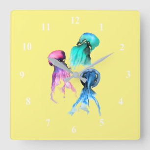 Horloge Carrée Cute méduse trio aquarelle art