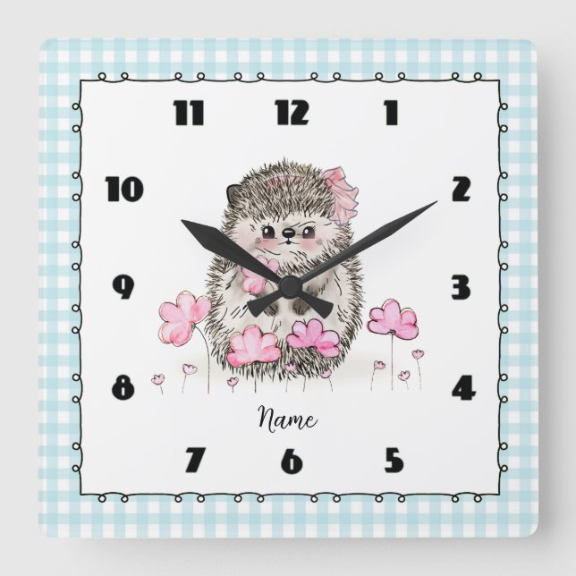 Horloge Carrée Cute petit hérisson personnalisé bleu (Recto)