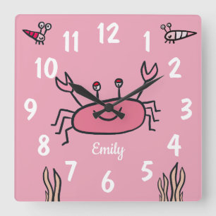 Horloge Carrée Cute Pink Crab Sea Animal Girl