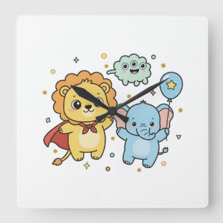 Horloge Carrée Cute Superhero Lion and Elephant Friends Cartoon