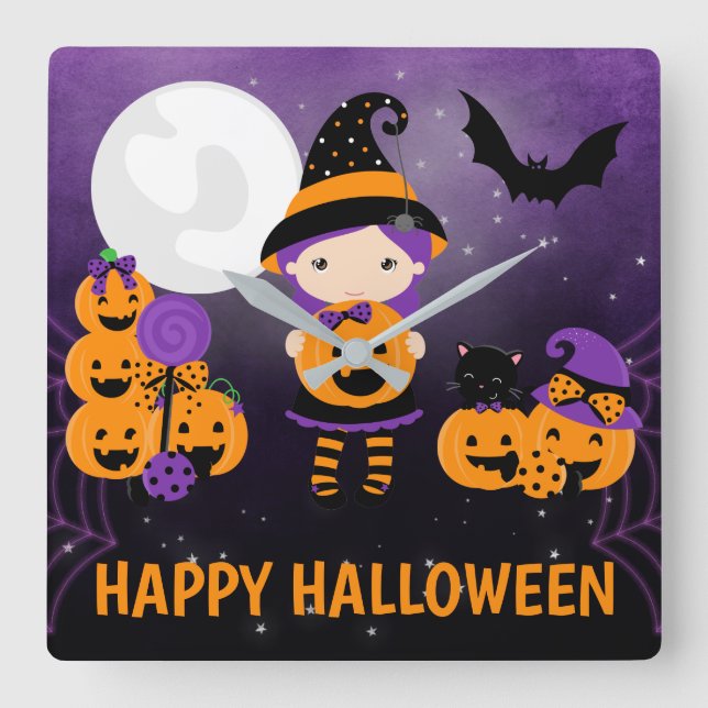 Horloge Carrée Cute Witch Girl and Pumkins Happy Halloween (Recto)