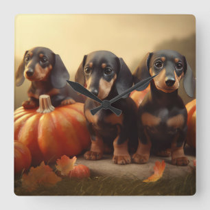 Horloge Carrée Dachshund Chiot Automne Citrouille de plaisir