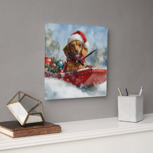 Horloge Carrée Dachshund Dog in Sledge Let it neige Noël