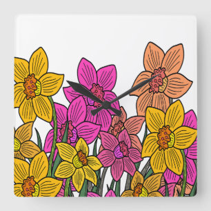 Horloge Carrée Daffodils colorés Fleurs Design