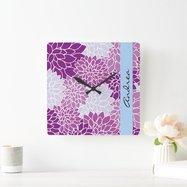 Horloge Carrée Dahlia Fleurs, Dahlia Violet, Votre Nom (Maison)