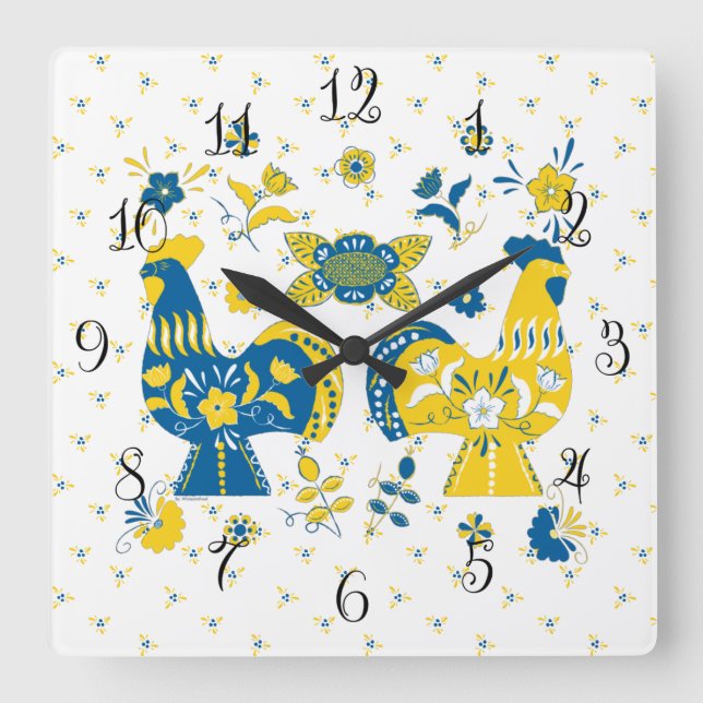 Horloge Carrée Dala populaire suédoise Rooster l bleu et jaune (Recto)