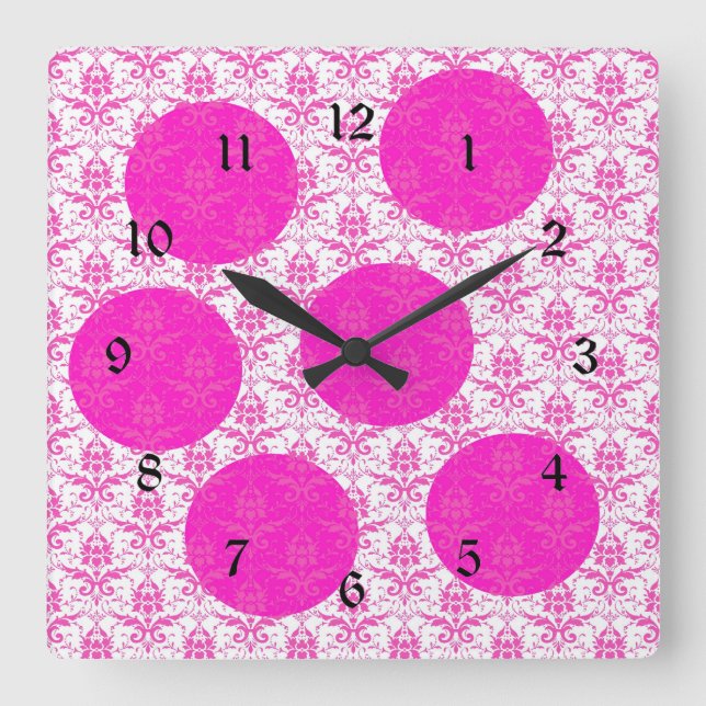 Horloge Carrée Damas rose chaud avec Pois roses (Recto)