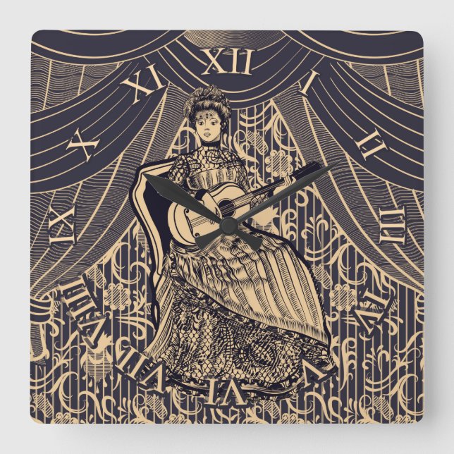 Horloge Carrée Dame avec guitare (Recto)