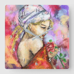 Horloge Carrée Dame avec Rose - Abstraite femme peinture original