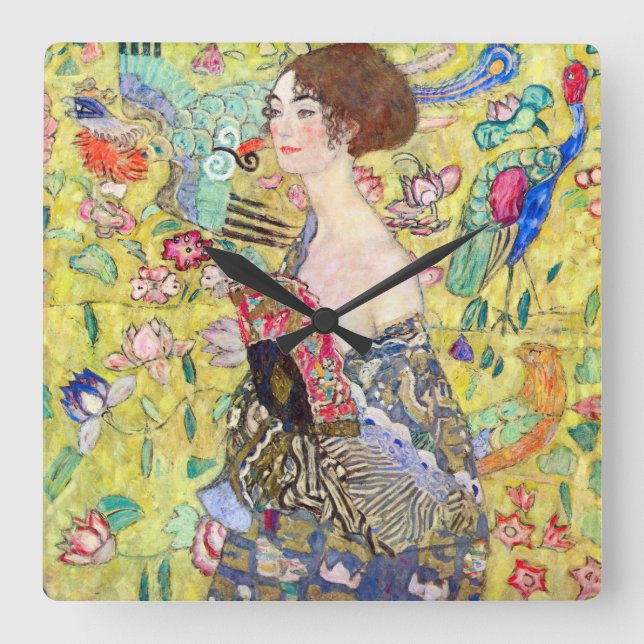 Horloge Carrée Dame avec ventilateur par Gustav Klimt, Japonisme  (Recto)