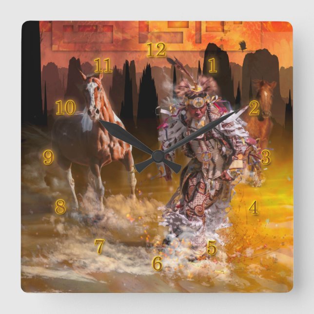 Horloge Carrée Danseuse amérindienne ROLLING THUNDER (Recto)