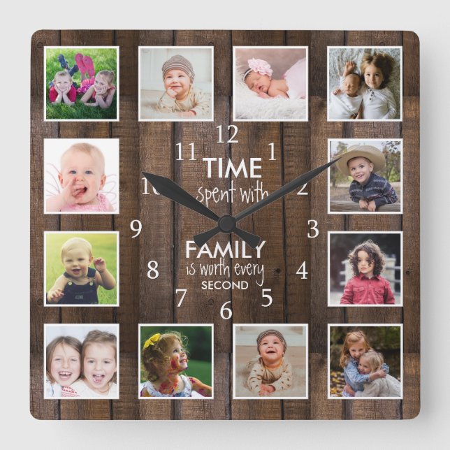 Horloge Carrée Dark Wood 12 Photo Template Time Family Quote (Recto)