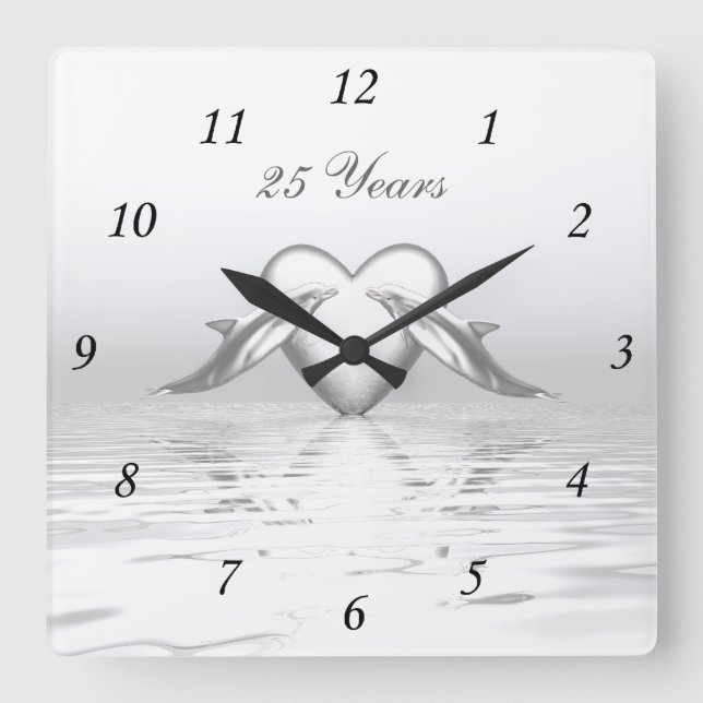 Horloge Carrée Dauphins et cœur pour les noces d'argent (Recto)