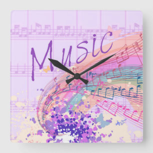 Horloge carrée de musique Purple Sheet en couleurs