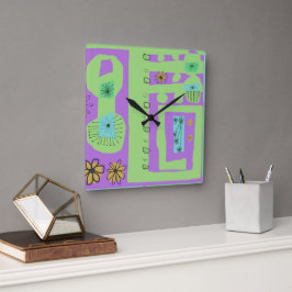 Horloge Carrée Décal Floral Ethnic Print Green Purple Black