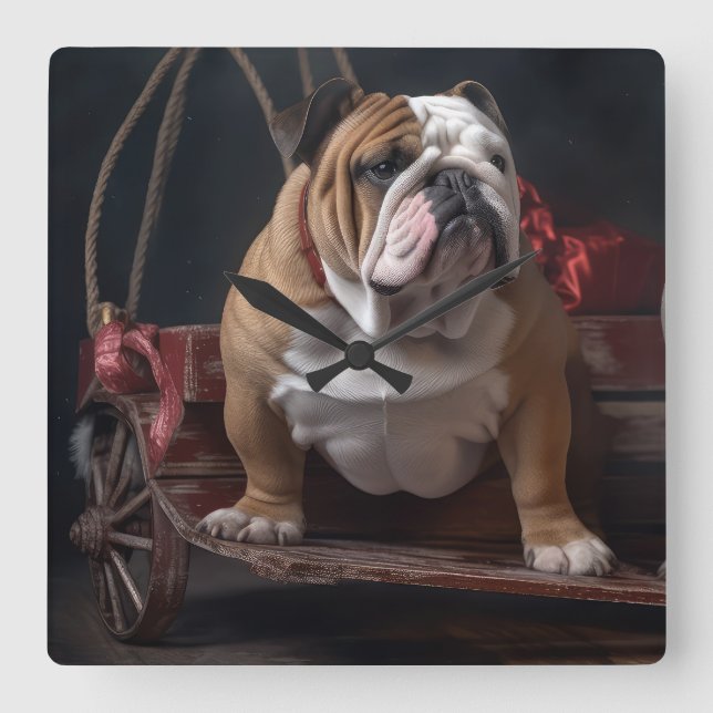 Horloge Carrée Décor de Noël Bulldog Snowy Sleigh (Recto)