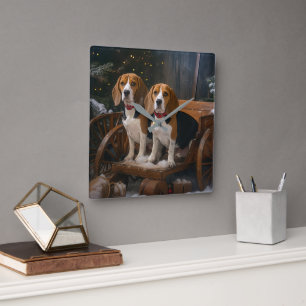 Horloge Carrée Décor de Noël Chariot enneigé Beagle 