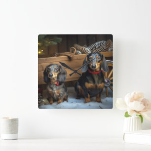 Horloge Carrée Décor de Noël Dachshund Snowy Sleigh