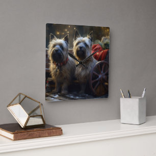 Horloge Carrée Décor de Noël de Cairn Terrier Snowy Sleigh
