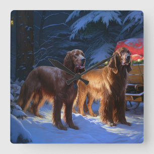 Horloge Carrée Décor de Noël de Snowy Sleigh Setter rouge irlanda