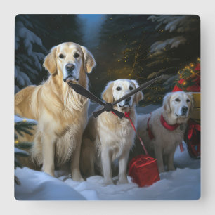 Horloge Carrée Décor de Noël Goldendoodle Snowy Sleigh