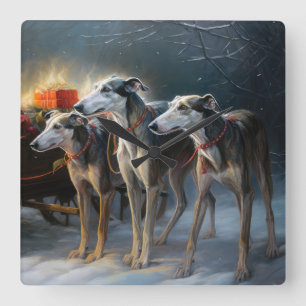 Horloge Carrée Décor de Noël Greyhound Snowy Sleigh