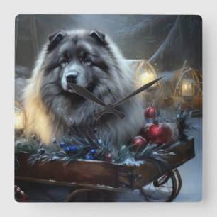 Horloge Carrée Décor de Noël Keeshond Snowy Sleigh