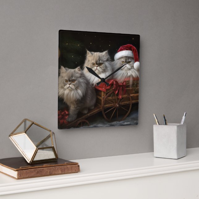 Horloge Carrée Décor de Noël Perse Chat Snowy Sleigh (Bureau)