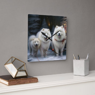 Horloge Carrée Décor de Noël Samoyed Snowy Sleigh