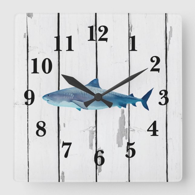 Horloge Carrée Décor rustique Nautique Bleu Requin (Recto)