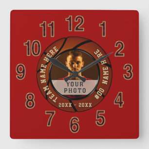 Horloge Carrée Deep Red Photo et Personalized Basketball Clock