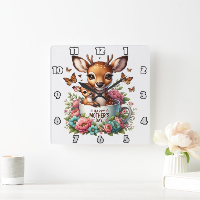 Horloge Carrée Deer Mom : Fête, Fleurs, Fête des mères (Maison)