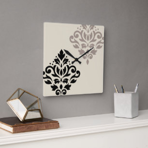 Horloge Carrée Défiler Damask Art I Black Taupe Crème