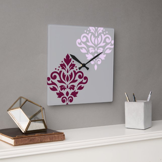 Horloge Carrée Défiler Damask Art I Plum rose Grey (Bureau)