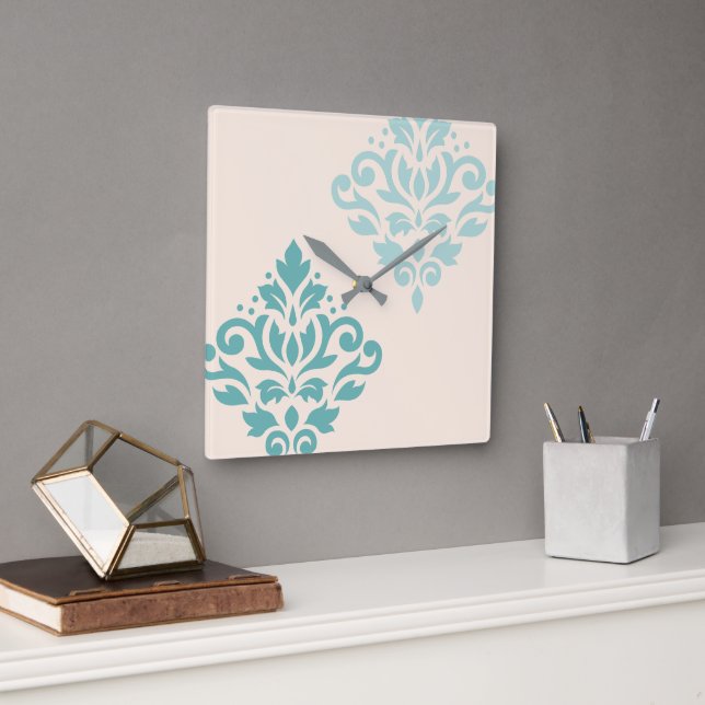 Horloge Carrée Défiler Damask Art I Teals on Cream (Bureau)