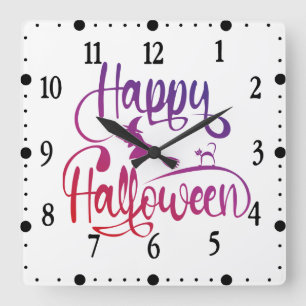 Horloge Carrée Dégradé de Happy Halloween sorcière volante chat 