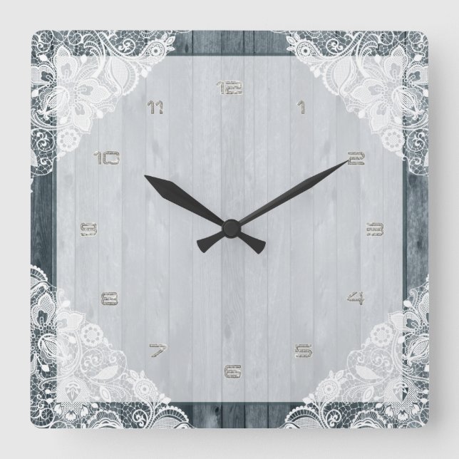 Horloge Carrée Dentelle blanche et bois Patiné rustique (Recto)