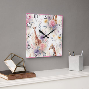 Horloge Carrée Des girafes élégantes au milieu des fleurs vibrant