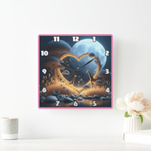 Horloge Carrée Des girafes embrassant l'amour sous un ciel illumi