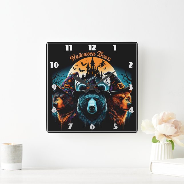 Horloge Carrée Des ours d'Halloween en casquette éffrayant la nui (Maison)