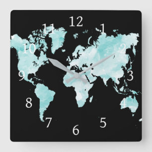 Horloge Carrée Design 72 black aqua blue map