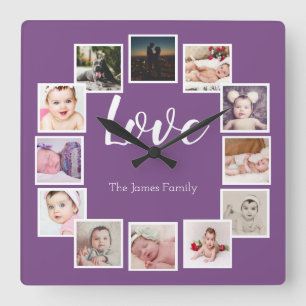 Horloge Carrée Design a 12 Photo Collage Personalized Purple