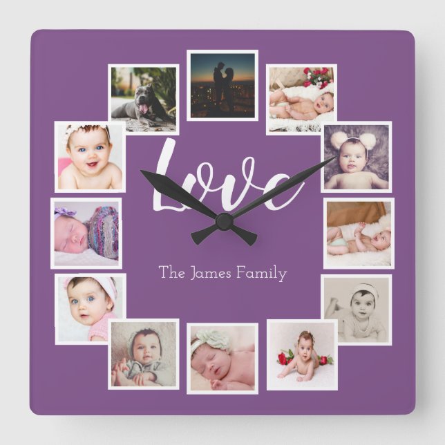 Horloge Carrée Design a 12 Photo Collage Personalized Purple (Recto)